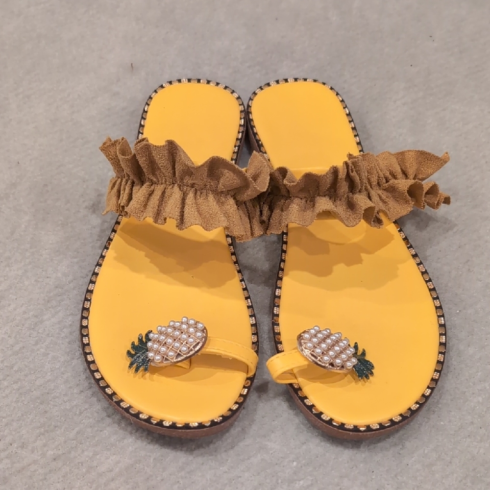 Yellow Ruffle Sandals with Pineapple Accent Size 11 Or 43